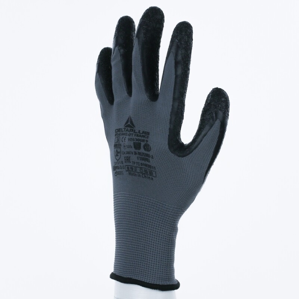 Mănușă tricotată cu strat protector - Poliester - Latex texturat aderent - Calibru : 13, culori: Gri-Negru