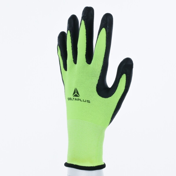 Mănușă tricotată cu strat protector - Poliester, Spandex - Spumă termoplastică, texturată, aderentă, de nitril - Calibru : 15, culori: Galben fluorescent-Negru