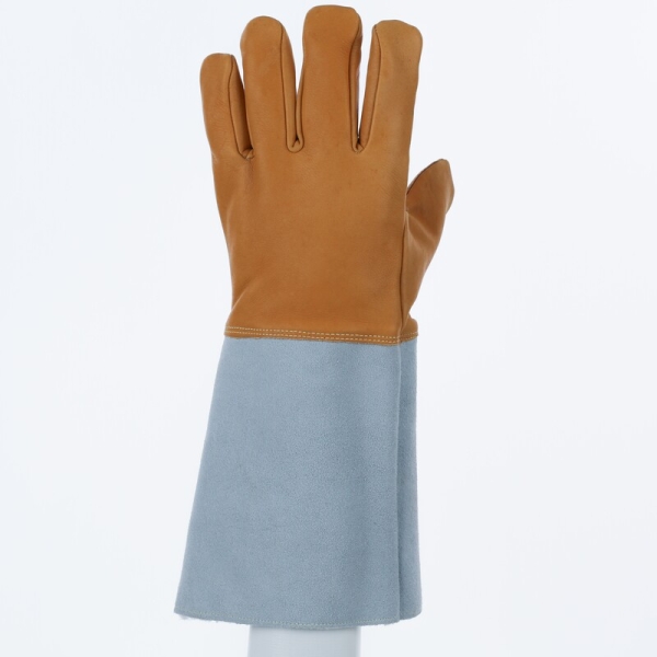 Mănușă preformată palmă piele/dos piele - Bovină - Lungime :  400   mm , culoare Gri-Bej