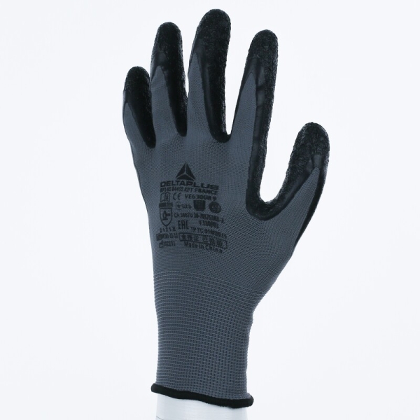 Mănușă tricotată cu strat protector - Poliester - Latex texturat aderent - Calibru : 13, culori: Gri-Negru