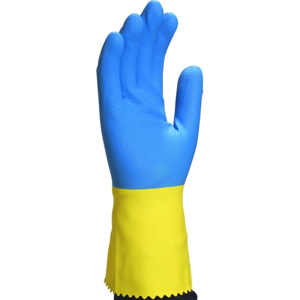 Mănușă impermeabilă fără fixare, cu material polar - Înveliș dublu din latex - Lungime :  300   mm , culori: Albastru-Galben