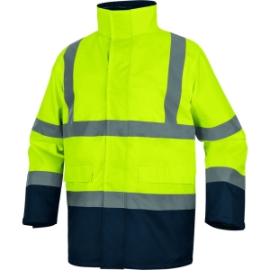 Geacă impermeabilă 5 în 1 de înaltă vizibilitate -  Oxford - 100% poliester - Acoperire poliuretanică | Căptuşeală: Tafta - 100% poliester, culori: Galben fluorescent-Bleumarin, Portocaliu fluorescent-Bleumar