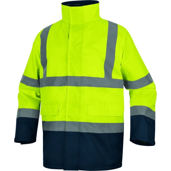 Geacă impermeabilă 5 în 1 de înaltă vizibilitate -  Oxford - 100% poliester - Acoperire poliuretanică | Căptuşeală: Tafta - 100% poliester, culori: Galben fluorescent-Bleumarin, Portocaliu fluorescent-Bleumar