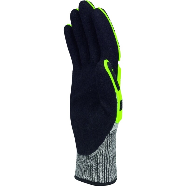 Mănușă tricotată cu strat protector - Elastan, Fibră de sticlă, Nailon, Poliester, Spandex - Nitril texturat aderent - Calibru : 15, culori: Galben