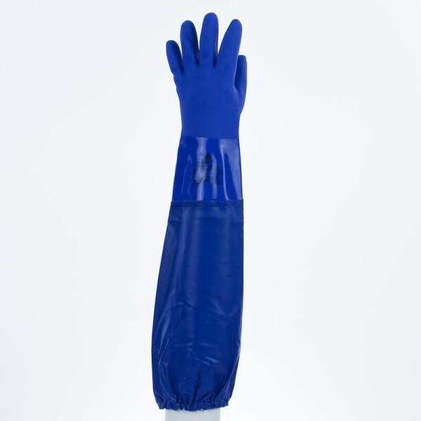 Mănușă impermeabilă cu fixare - Bumbac - PVC texturat aderent - Calibru : 13 - Lungime :  620   mm , culori: Albastru