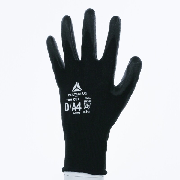 Mănușă tricotată cu strat protector - DELTAnocut, Fibră de oțel inoxidabil - PU - Calibru : 18, culori: Negru