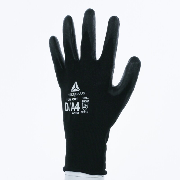Mănușă tricotată cu strat protector - DELTAnocut, Fibră de oțel inoxidabil - PU - Calibru : 18, culori: Negru
