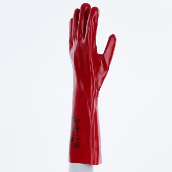 Mănușă impermeabilă cu fixare - Bumbac - PVC neted - Lungime :  400   mm , culoare Roșu