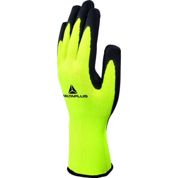 Mănușă tricotată cu strat protector - Poliester - Spumă de latex - Calibru : 13 - Pungă de 6, culori: Galben fluorescent-Negru