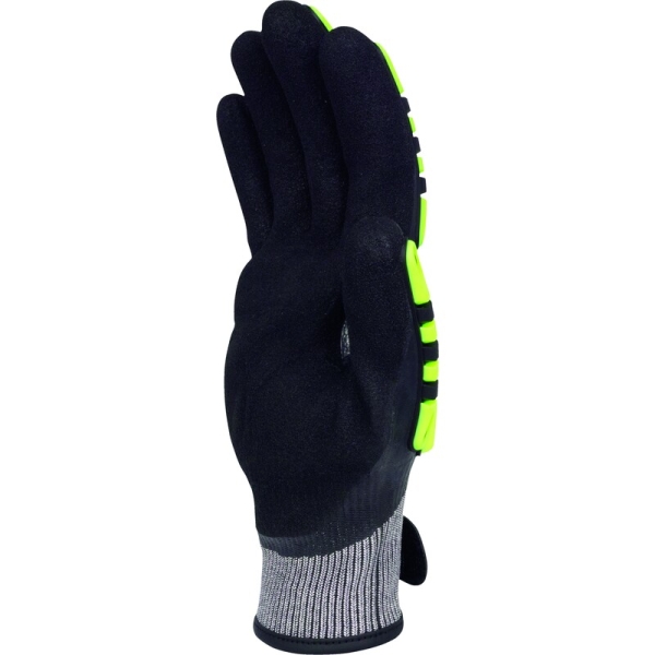 Mănușă tricotată cu strat protector - Elastan, Fibră de sticlă, Nailon, Poliester, Spandex - Strat dublu de nitril - Calibru : 15, culori: Galben-Gri-Negru