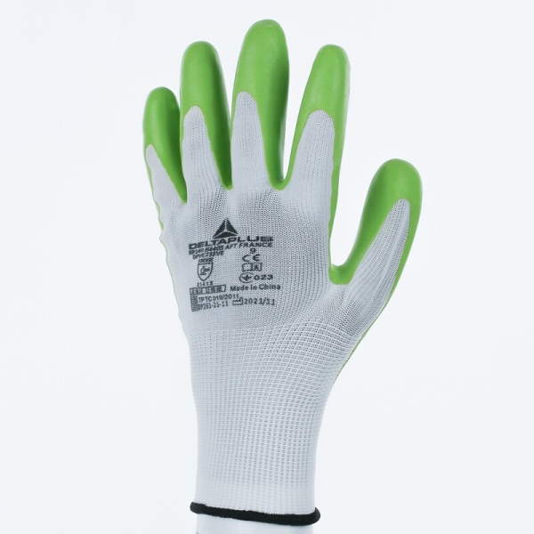 Mănușă tricotată cu strat protector - Poliester - Latex cu motiv ștanțat - Calibru : 15, culori: Alb-Verde