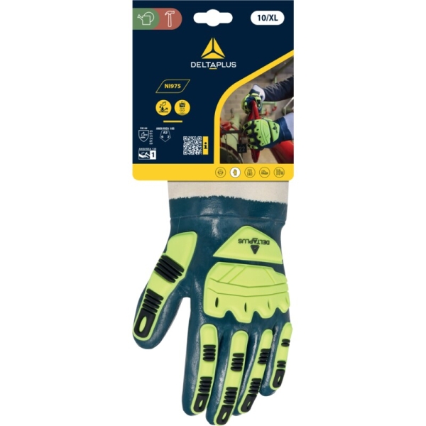 Mănușă preformată cu strat protector - Țesături din bumbac, Poliester - Strat dublu de nitril, culoare Albastru