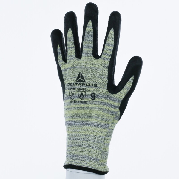 Mănușă tricotată cu strat protector - HEATnocut - Spumă de nitril - Calibru : 13, culori: Galben-Gri-Negru