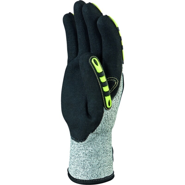 Mănușă tricotată cu strat protector - Aramidă, HDPE - Strat dublu de nitril - Calibru : 13, culori: Galben-Gri-Negru