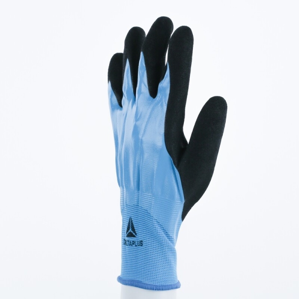 Mănușă tricotată cu strat protector - Poliamidă - Strat dublu de nitril - Calibru : 15, culori: Albastru-Negru