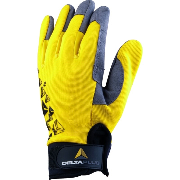 Mănușă preformată palmă piele sintetică/dos material textil, culori: Galben-Gri-Negru