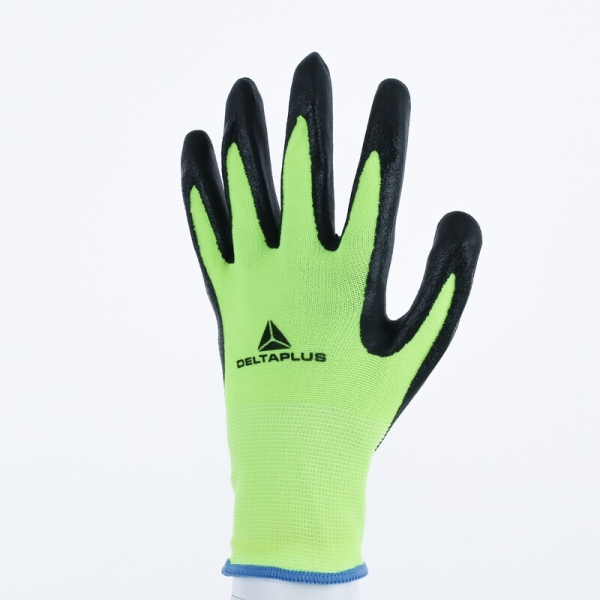 Mănușă tricotată cu strat protector - Poliester, Spandex - Spumă termoplastică, texturată, aderentă, de nitril - Calibru : 15, culori: Galben fluorescent-Negru