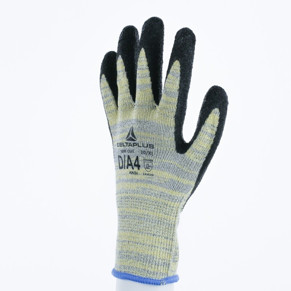 Mănușă tricotată cu strat protector - HEATnocut - Latex texturat aderent - Calibru : 10, culori: Galben-Gri-Negru