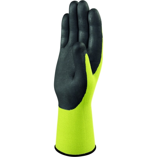 Mănușă tricotată cu strat protector - Poliester, Spandex - Spumă termoplastică, texturată, aderentă, de nitril - Calibru : 15, culori: Galben fluorescent-Negru