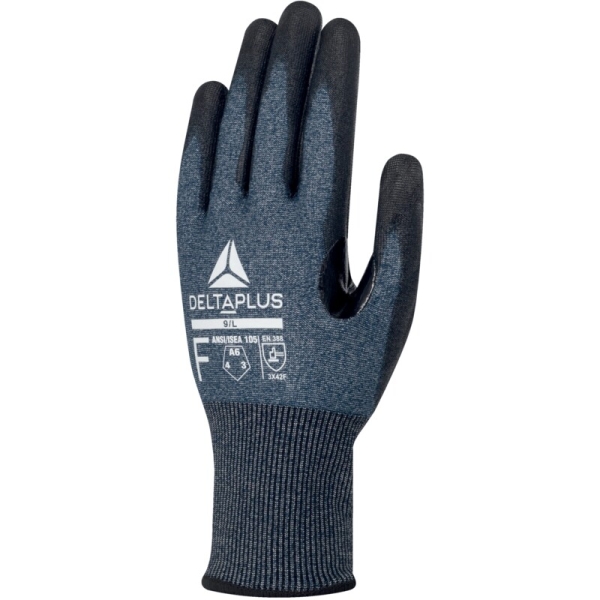 Mănușă tricotată cu strat protector - Nailon, Poliester, Spandex, Tungsten - PU - Calibru : 21, culori: Albastru-Negru