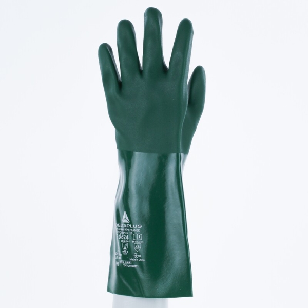 Mănușă impermeabilă cu fixare - Bumbac - Înveliș dublu din PVC - Lungime :  350   mm , culori: Verde