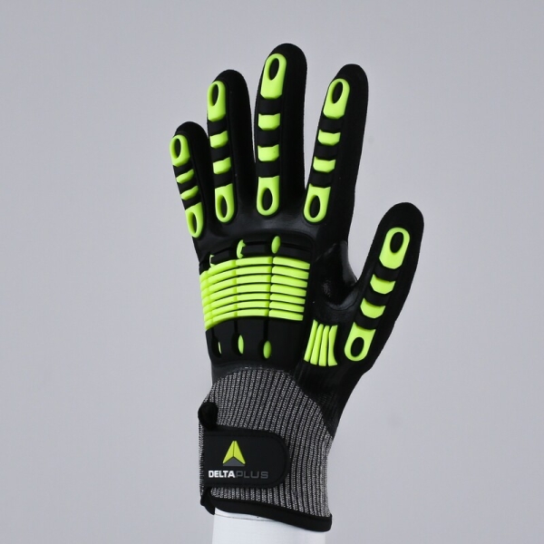 Mănușă tricotată cu strat protector - Elastan, Fibră de sticlă, Nailon, Poliester, Spandex - Strat dublu de nitril - Calibru : 15, culori: Galben-Gri-Negru