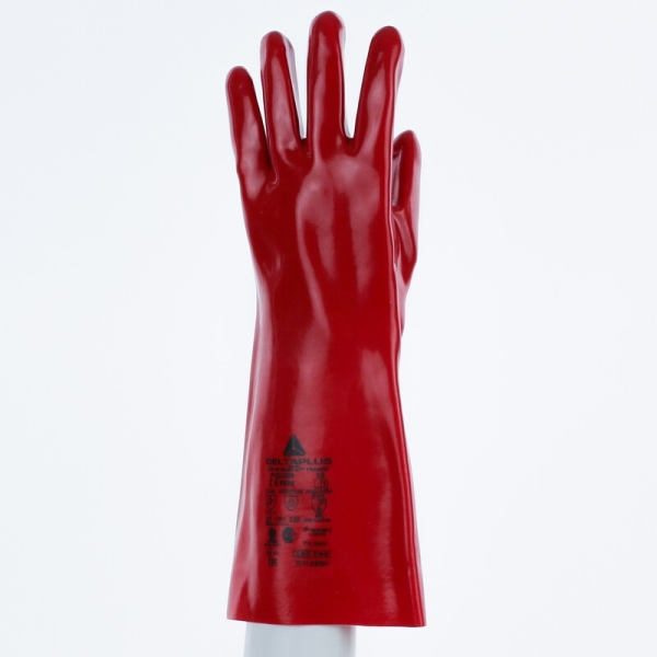 Mănușă impermeabilă cu fixare - Bumbac - PVC neted - Lungime :  400   mm , culoare Roșu