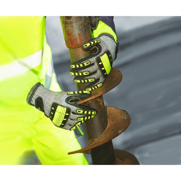 Mănușă tricotată cu strat protector - Aramidă, HDPE - Strat dublu de nitril - Calibru : 13, culori: Galben-Gri-Negru