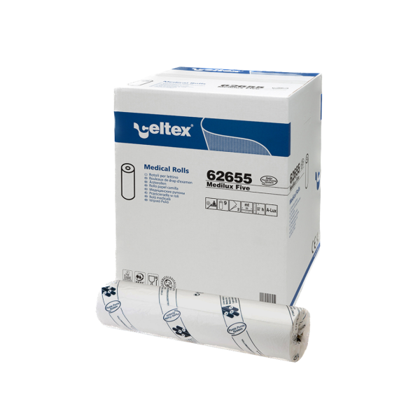 Rola medicala Medilux, cearceaf de hartie alb, 100% celuloza, 2 straturi, 50cm x 50m, portionata 38cm, 9 role/bax,
