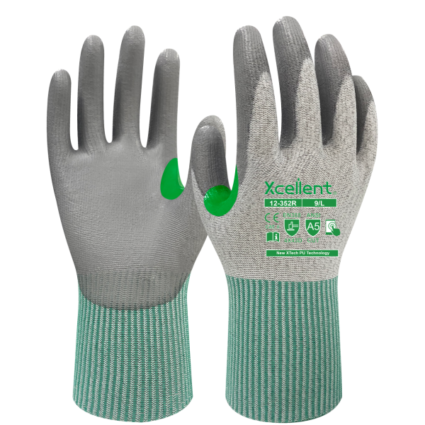 Manusi TOUCH CUT 2, tesatura(gauge) 13, nivel de protecție la tăiere D, imersie PU in palma, functie "touch screen", EN388: 4X43D.