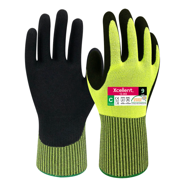 Manusi COMFORT CUT-N - tesatura(gauge) 13,  protectie taiere C,  imersie de nitril pe palma, respirabila, culori HI-VIS, EN388: 4X43C, EN407: X1XXXX.