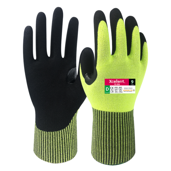 Manusi COMFORT CUT-N - tesatura(gauge) 13,  protectie taiere D,  imersie de nitril pe palma, respirabila, culori HI-VIS, EN388: 4X43D, EN407: X1XXXX.
