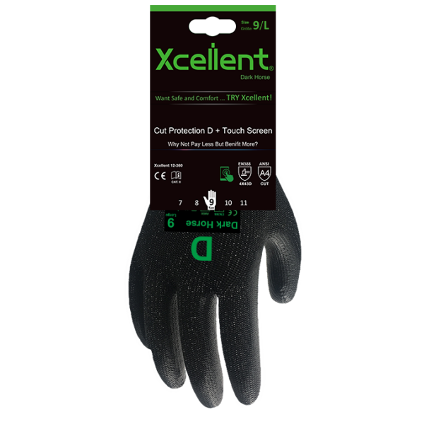 Manusi  DARK HORSE, tesatura(gauge) 13 gauge, nivel de protecție la tăiere D, imersie poliuretan in palma, functie "touch scren". EN388: 4X43D