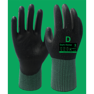 Manusi  DARK HORSE, tesatura(gauge) 13 gauge, nivel de protecție la tăiere D, imersie poliuretan in palma, functie "touch scren". EN388: 4X43D