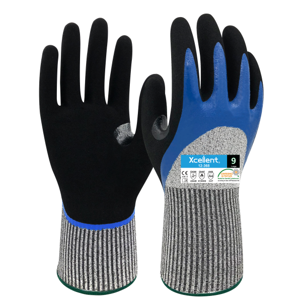 Manusi FLEX WET-CUT - repelenta la apa si ulei, tesatura(gauge) 13, dubla imersie de nitril 3/4, durabilitate, protectie taiere D, EN388: 4X44D, EN407: X1XXXX.