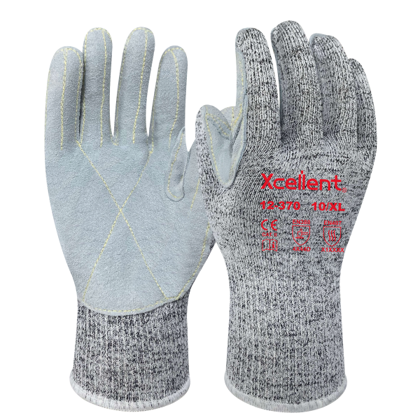 Manusi CUT-LEATHER - tesatura(gauge)13, protecție la tăiere D, extradurabila cu strat de piele adauga in palma, protectie termica temp de contact 100° C,  EN388: 4X44D , EN407:X1XXXX.