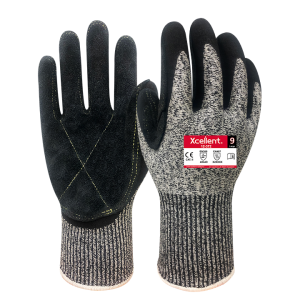 Manusi CUT-LEATHER-OIL - tesatura(gauge)13,  protecție la tăiere D, extradurabila cu strat superior de piele in palma, protectie termica temp de contact 250° C, EN388:4X44D, EN407:X2XXXX.