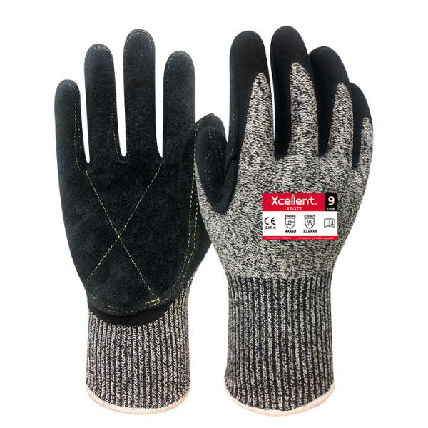 Manusi CUT-LEATHER-OIL - tesatura(gauge)13,  protecție la tăiere D, extradurabila cu strat superior de piele in palma, protectie termica temp de contact 250° C, EN388:4X44D, EN407:X2XXXX.