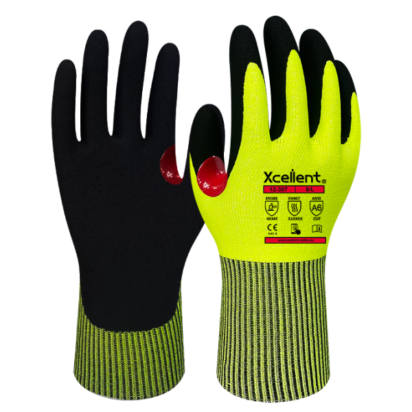 Manusi MAXCUT-N - tesatura(gauge)13, protecție maxima la tăiere F, imersie cu nitril, ranforsata intre index si degetul mare, EN388: 4X44F, EN407: X1XXXX.