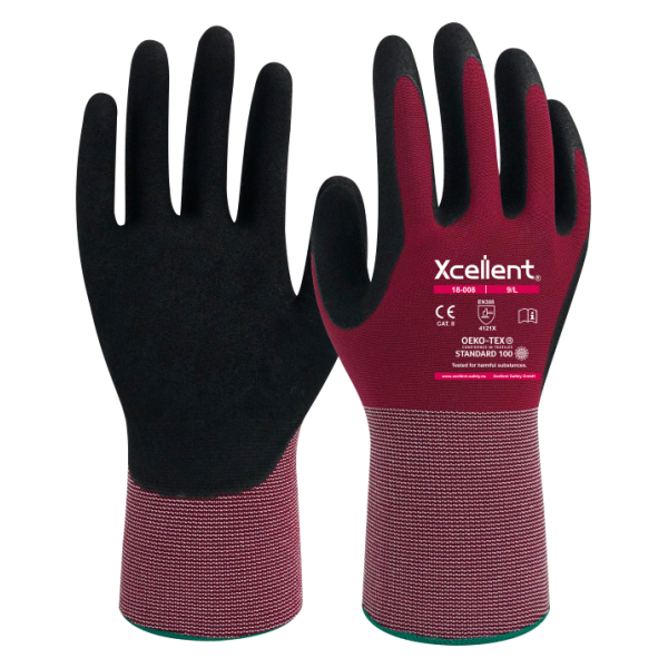 Manusi LITE FIT, tesatura ecologica din PET reciclat si gauge 18, subtiri, imersie de nitril nisipos in palma, cu dexteritate buna si functie "touch screen". EN388: 4131X