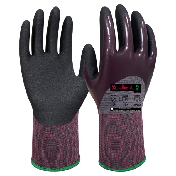 Manusi  LITE PRO, tesatura(gauge)18, rezistenta excelenta la abraziune, repelenta la apa si ulei, dubla imersie de nitril pe palma 3/4, rezistenta la temp de contact 100°C.EN388: 4121X, EN407: X1XXXX