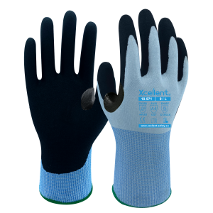 Manusi DEXTER CUT, tesatura(gauge)18, second-skin, protecție la tăiere D, imersie cu nitril nisipos, EN388: 4443D, EN407: X1XXXX.