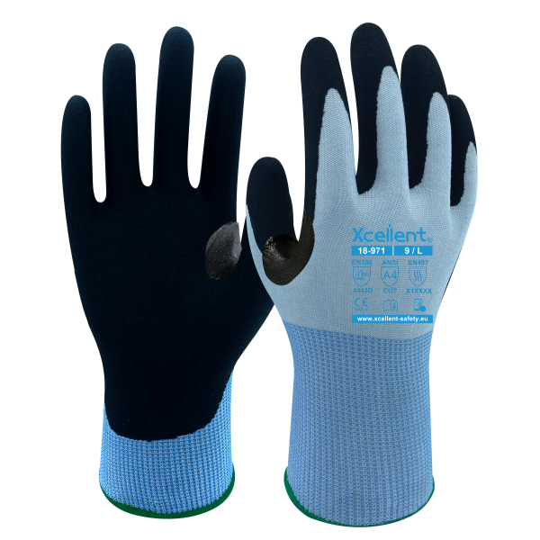 Manusi DEXTER CUT, tesatura(gauge)18, second-skin, protecție la tăiere D, imersie cu nitril nisipos, EN388: 4443D, EN407: X1XXXX.