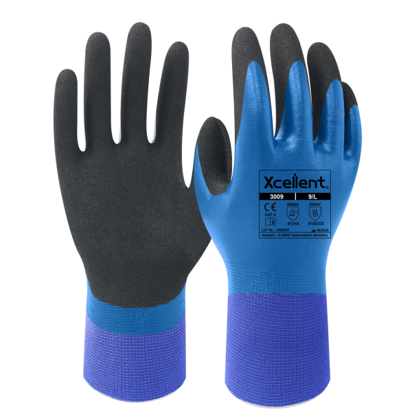 Manusi WET GRIP, tesatura(gauge)15, dubla imersie de nitril, priza xcelenta in medii umede sau uleioase,                    
EN388: 4131X, EN407: X1XXXX.