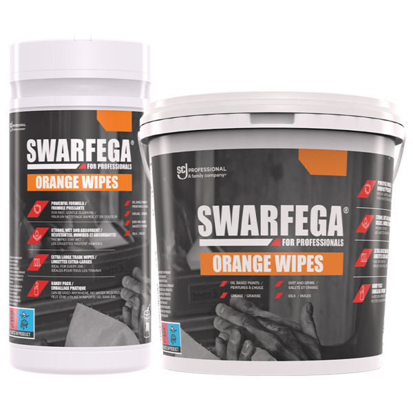 Lavete umede SC Johnson Professional Swarfega® Orange Wipes, pentru curatarea mainilor si a suprafetelor de ulei, grasimi, vopsea si murdarie dificila, galetusa cu 150 de lavete
