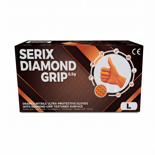 Manusi mecanic, nitril, portocalii, pentru domenii tehnice,  rezistente, texturate, 0.12-0.22 grosime, Diamond Grip Serix, 50 buc/cutie
