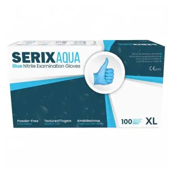 Manusi nitril, albastre, de unica folosinta, nepudrate, 100buc / cutie Serix Aqua QB pentru medical, HoReCa, saloane si domeniul industrial, grosime 0.08mm